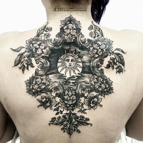 Baroque Tattoo, Tattoo Sonne, Tattoo Son, Chest Piece Tattoos, Sun Tattoos, Full Body Tattoo, Gothic Tattoo, Mandala Tattoo Design, Tattoo Feminina