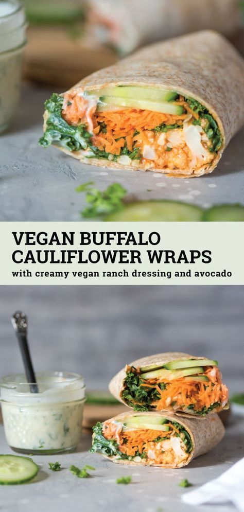 Have you ever tried buffalo cauliflower wings? Try them in these vegan buffalo cauliflower wraps with vegan ranch dressing. They're easy to make and can be made gluten-free. This recipe is perfect for a healthy vegan lunch or try it served with sweet potato fries for a delicious plant-based dinner. Buffalo Cauliflower Wraps, Cauliflower Wraps, Wraps Vegan, Buffalo Cauliflower Wings, Vegan Buffalo Cauliflower, Vegan Ranch Dressing, Healthier Meals, Vegan Wraps, Cauliflower Wings