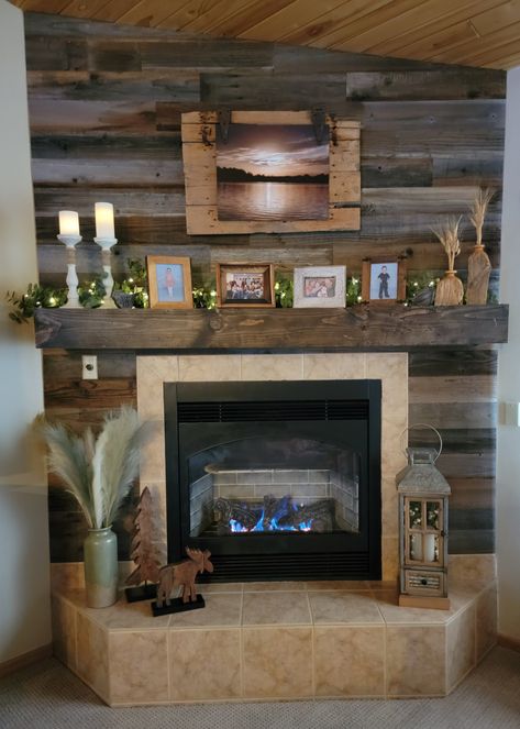 Updated Fireplace, Barn Wood Wall, Fireplace Redo, Barnwood Wall, Faux Beams, Fireplace Insert, Corner Fireplace, Home Fireplace, The Fireplace