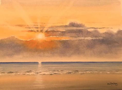 Watercolour Beach Sunset, Sunset Watercolour Painting, Watercolor Ocean Sunset, Watercolour Sunrise, Sunset Beach Watercolor, Sunrise Watercolor Painting, Watercolour Seascapes, Watercolour Sunset, Sunrise Watercolor