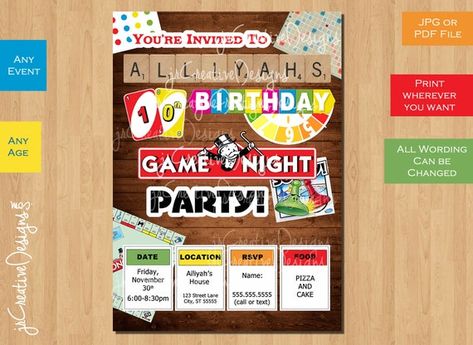 Game Night Invitation, Kids Game Night, Teen Birthday Party, Anna Birthday Party, Game Birthday Party, Game Night Parties, Night Kids, Invitation Card Party, Birthday Party Game