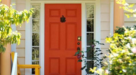 Sherwin-Willaims, SW 6883, Raucous Orange Gray House Yellow Door, Exterior Door Paint Colors, Colorful Front Door, Orange Front Door, Yellow Front Door, Coral Door, Painted Exterior Doors, Purple Front Doors, Installing Exterior Door