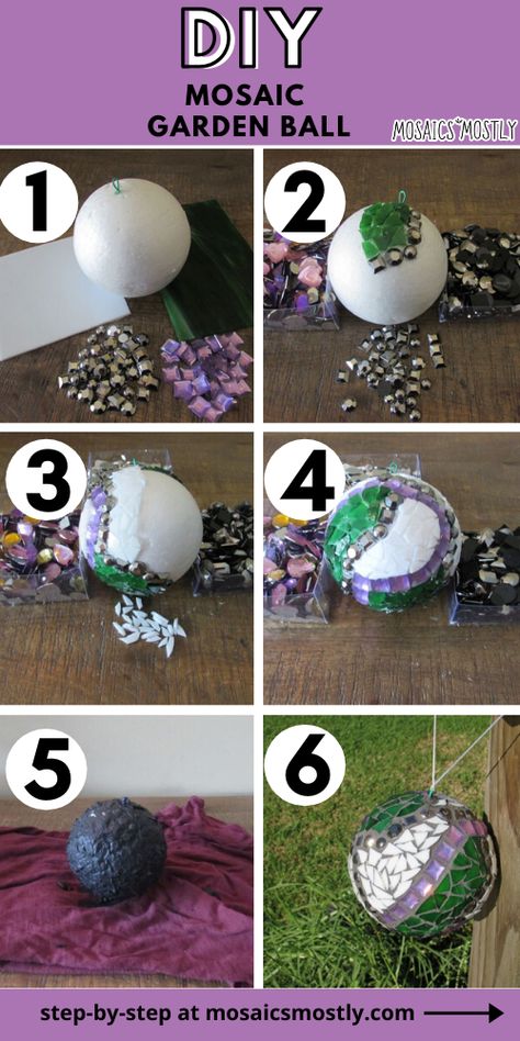 One of the easiest step-by-step mosaic projects for your garden that you'll ever find! Gorgeous sparkly mosaic garden balls to liven up your garden any time of year! Diy Mosaic Garden, Diy Mosaic Projects, Bowling Ball Yard Art, Easy Mosaic, Mosaic Art Diy, Garden Globes, Mosaic Flower Pots, Garden Balls, Mosaic Garden Art