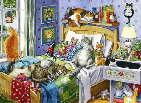 Larger Piece Jigsaw Puzzles, Free Puzzles, Mouse Toy, Bird Watchers, Animal Puzzle, Cat Family, Linen Paper, Fine Linen, Cat Nap