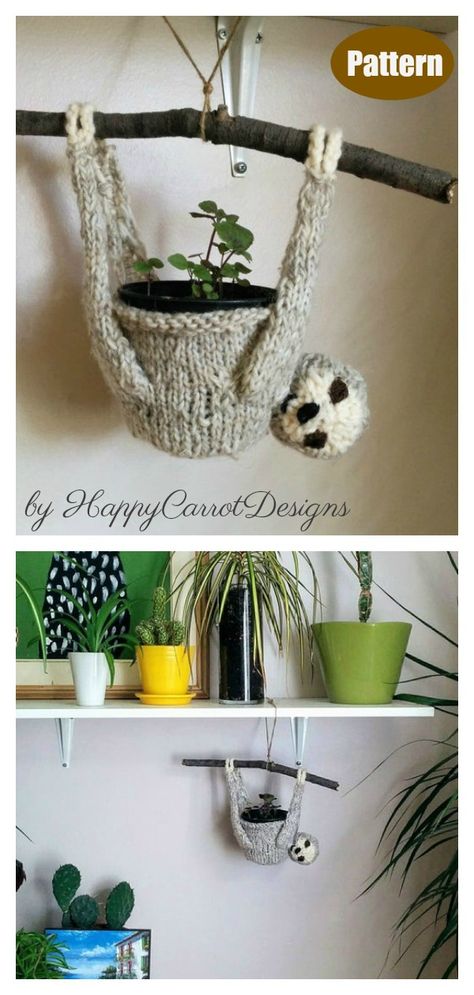 Sylvia the Sloth Plant Hanger Knitting Pattern   #knittingpattern   #slothpattern #planthangerpattern Knit Plant Hanger Free Pattern, Knitted Plant Hanger, Sloth Knitting Pattern, Sloth Knitting Pattern Free, Plant Knitting Pattern, Knit Plant Hanger, Sloth Plant Hanger, Amigurumi Sloth, Crochet Sloth