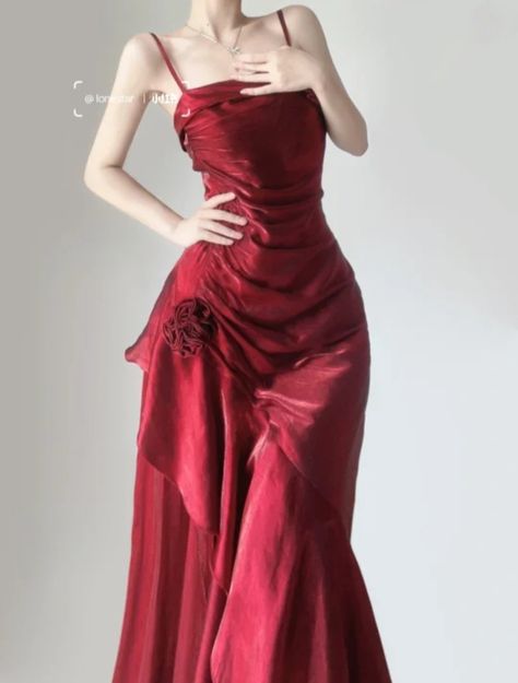 Ethereal Red Dress, Cherry Red Dresses Aesthetic, Cherry Red Dress Prom, Old Money Red Dress, Dark Red Dresses Classy, Cherry Red Prom Dress, Red Aesthetic Dress, Red Silk Dress Long, Maroon Silk Dress