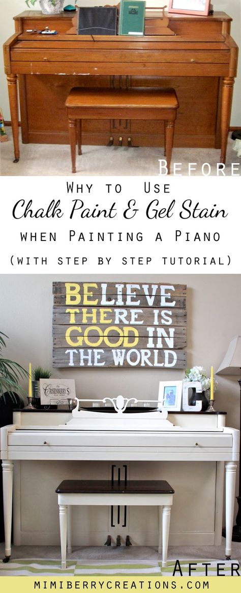 Drab to Fab Piano Transformation using Chalk Paint and Gel Stain. How to turn an ugly family heirloom into a beautiful living room focal point Piano Transformation, Painting A Piano, Painted Pianos, Piano Decor, Room Focal Point, Painting And Decorating, Using Chalk Paint, Piano Room, Gel Stain