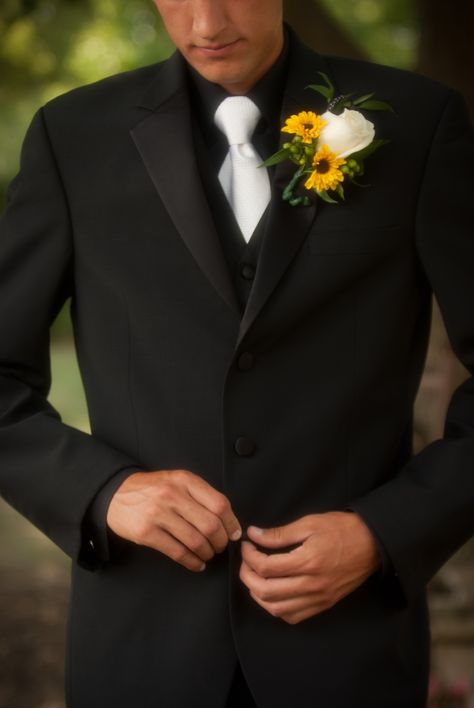 The groom. Sunflower flowers. Black with white tie. Black Suit Black Shirt White Tie, Black Suit Ivory Tie Wedding, Black Tux With White Tie, All Black Suit White Tie, Groom Black Suit White Tie, Black Tux White Tie, Black Suit With White Tie, Black And Sunflower Wedding, Black Suit White Tie