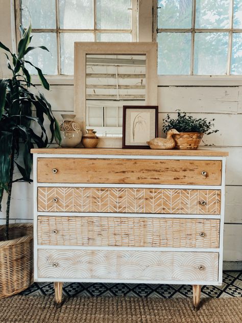 White And Wood Boho Dresser, Decoupage Drawer Fronts, Chest Dresser Makeover, Stencil Dresser Drawers, Boho Dresser Flip, Plaster Dresser, Boho Furniture Painted, Dresser Makeover Boho, Painted Dresser Ideas Boho