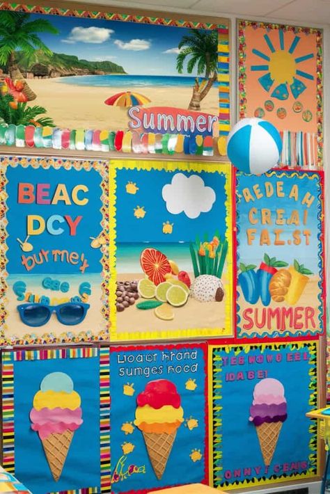 15 Vibrant Summer Bulletin Boards to Inspire Your Classroom Summer Bulletin Board Ideas Preschool, Summer Door Decorations, Summer Bulletin Boards, Sticky Wall, Hot Air Balloon Adventure, Summer Paradise, Teacher School, Summer Learning, Yellow Paper