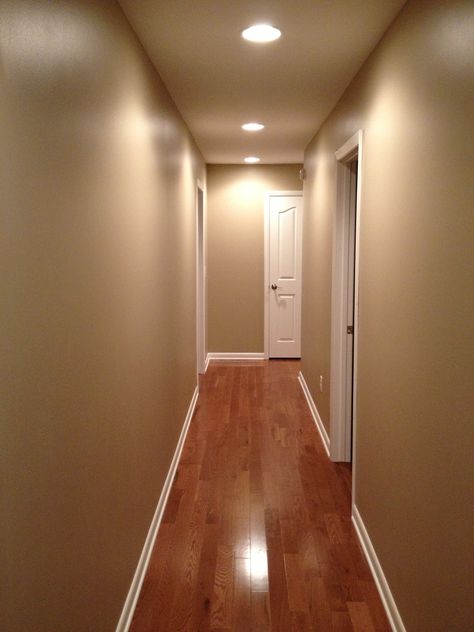 My beautiful hallway.  We used Pavillion Beige paint from Sherwin Williams. Love!! Pavillion Beige Sherwin Williams, Tan Hallway, Beige Hallway, Beige Wall Colors, Interior Paint Colors Schemes, Living Room Wall Color, Beige Paint, Kitchen Paint Colors, Room Paint Colors