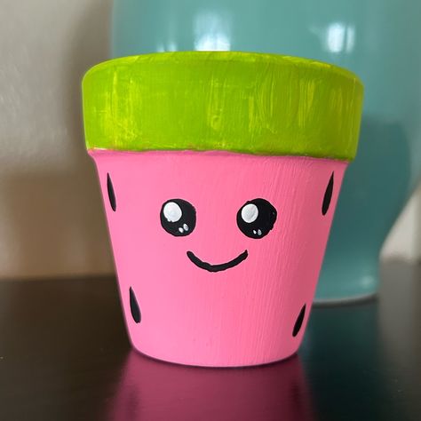 Handmade Watermelon Decorative Clay Terracotta Painted Pot Hot Pink Green Fruit Adorable Little Plant Pot. Great For Seedlings And Succulent Props. 100% Hand Painted Drainage Hole Please See Last Photo For Size Smoke And Pet Free Home Open To Offers And Bundles # College Decor # Summer # Strawberry Terracotta Paint, Painted Plant Pots, College Decor, Painted Clay Pots, Green Fruit, Painted Flower Pots, Clay Pot Crafts, Painted Pots, Terracotta Pots