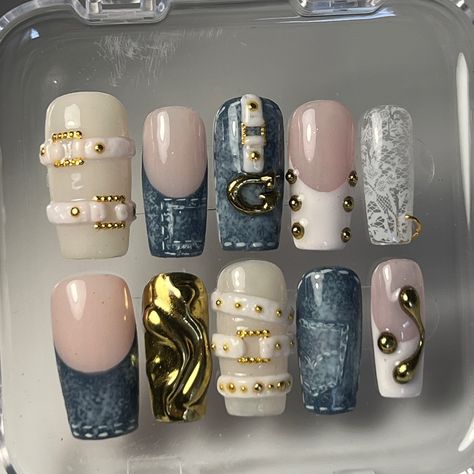 Denim birthday nails for @gigigii___ we love youuuu 🦋👖💙🐬 Two Colour Nails Designs, Nail Layout Design, Artistic Nail Art, Nails With Numbers On Them, Writing On Nails, 23 Birthday Nails, Denim Nails Ideas, Artistic Nails Design, Elaborate Nail Art