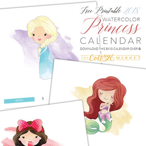 It's time to roll our our Free Printable 2018 Watercolor Princess Calendar. It was so popular last year we brought it back by popular demand! Enjoy! Watercolor Calendar, Princess Printables, Cottage Market, Disney Trip Planning, Watercolor Printable, Free Planner, Party Banners, Calendar Pages, All Paper