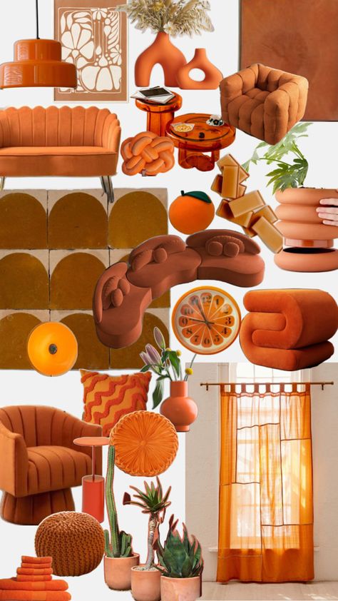 Orange home decor aesthetic 60s House Decor, 70s Room, 70s Living Room, Hippie House, 70s Interior, Orange Home, Orange Home Decor, Home Decor Aesthetic, Living Room Orange