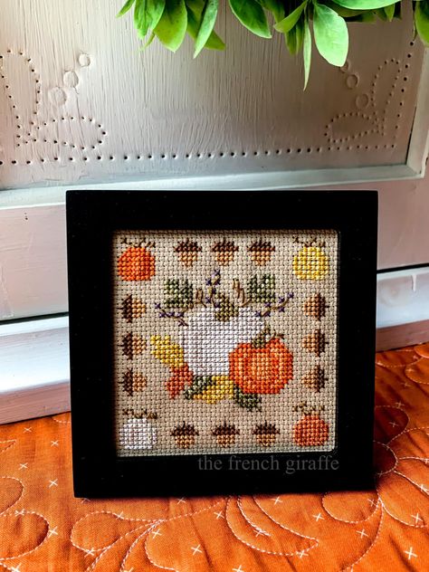 "This is a new series of patterns that fit in a 4 x 4 inch frame, change them out for themes or holiday. Quick and easy, can be stitched in a day.  Make several and display them in a tier tray or coffee bar. .  This is my Pumpkin Garden, colorful fall leaves and acorns in my pumpkin patch. To search for more, visit my shop and enter 4 x 4 and all the patterns of this size will appear. This is a digital download pattern, not a finished product. The PDF digital download will be available once the Cross Stitch Small Pattern, Fall Cross Stitch Patterns Free, Garden Cross Stitch Pattern, Garden Cross Stitch, Pumpkin Cross Stitch Patterns, Garden Cross, Holiday Cross Stitch Patterns, Autumn Cross Stitch Patterns, Pumpkin Cross Stitch