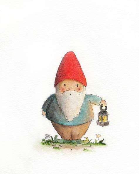 Adorable watercolor Gnome. Watercolor Gnome, Mushroom Art, Gnome Garden, Watercolor Drawing, Christmas Paintings, Fairy Art, Watercolor Cards, Christmas Gnome, Cute Illustration