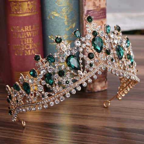 Emerald Green Gold Crown, Emerald Green And Gold Wedding Crown, Bridal Tiara Green, Emerald Green Dress Accessories Quinceanera, Emerald Green Crown Big, Emerald Green Heart Tiara, Emerald Crystal Crown, Emerald Green Quince Dress Tiara, Quinceanera Crown