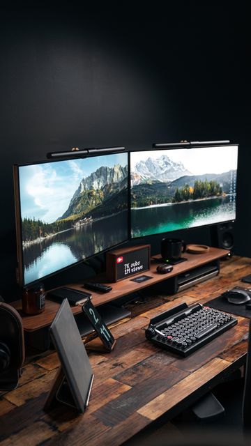 Spencer Ryan | 𝙏𝙚𝙘𝙝 𝙀𝙣𝙩𝙝𝙪𝙨𝙞𝙖𝙨𝙩 on Instagram: "My monitors are finally floating! Had to make room for what’s coming so I finally got rid of those monitor stands and mounted them on the @kensington_tech SmartFit Dual Monitor Arm. It cleared up tons of space on the shelf, which is going to come in very handy soon 😏 #deskdecor #homestudio #officeinspiration#homeofficedecor #cleansetups #desktour #setupinspiration #deskspace #setup #homeoffice #officeinspiration #deskinspiration #works Ultrawide Monitor Setup Home Office, Corner Desk Multiple Monitors, Mac Dual Monitor Setup, Home Office Three Monitors, Two Monitors Desk Setup, Two Monitors And Laptop Setup, Triple Monitor Setup Home Office, Desk Setup Dual Monitor, Double Monitor Desk Setup