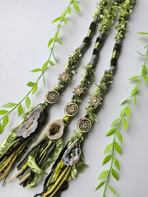 Hair Wrap With Charms, Green Hippie Hand Wrapped Jewelry, Macrame Dread Wrap, Fairy Locs, Gem Stone Pendant, Crystals In Dreads, Loc Charms Dreadlock Accessories, Braid Beads, Hair Charms