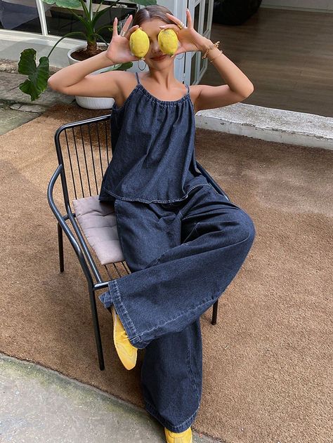 Natural Clothing Style, Denim Top Women, Denim Tank Top, Wide Leg Pant Suit, Denim Tank, Backless Top, Washed Denim, Denim Overalls, Catamaran