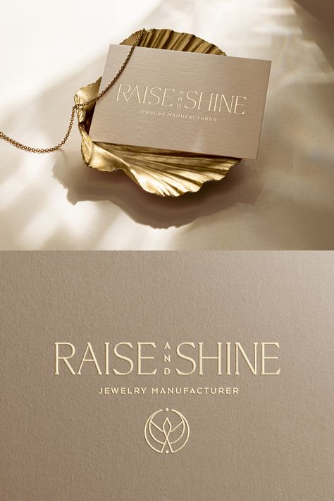 Jewelry Brand Design for Raise and Shine, a sustainable Gold Jewelry Manufacturer, focusing on sustainable materials. Baghira Design was asked to design the jewelry logo, packaging, business cards and more. Jewelry Store Logo Ideas, Luxury Jewelry Branding, Jewelry Logo Design Jewellery, Jewelry Brand Logo Ideas, Gold Jewelry Packaging, White And Gold Branding, Jewelery Logos Design, Gold Logo Design Ideas, Gold Jewelry Business