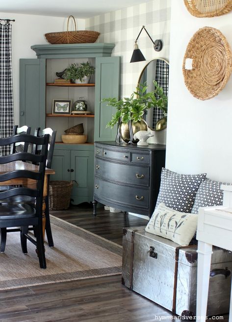 Dark Green Cabinet Living Room, Dining Corner Decor, Dinning Room Dresser Decor, Corner Living Room Cabinet, Dinning Room Corner Decor, Farmhouse Dining Room Cabinet, Corner Dining Room Cabinet, Corner Cabinet Decor, Black Corner Cabinet