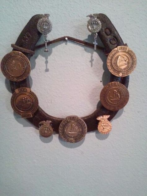 FFA pins on display, glued to a horse shoe, leather string to hang.  FFA was a great club for my kids, this hangs in my home reminding me the life lessons learned in FFA. Ffa Signs, Ffa Crafts, Ffa Gifts, Ffa Senior Pictures, Ffa Scrapbook, Ffa Banquet, Livestock Judging, Metal Welding Art, Grad Ideas