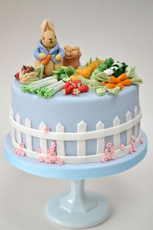 Lovely to see a more tradtional character on a novelty cake. Loving the mini vegetables! Beatrix Potter Cake, Bunny Cakes, Extreme Cakes, Peter Rabbit Cake, Peter Rabbit Birthday, Rabbit Family, Rabbit Birthday, Peter Rabbit Party, Christening Cakes