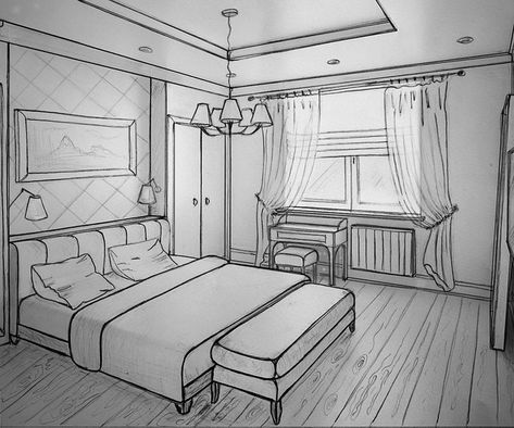 Drawing For Room Decor, Drawing For Room, One Point Perspective Room, Room Perspective Drawing, Drawings In Pencil, Perspective Room, Interior Design Portfolio Layout, Interior Design Sketchbook, Drawing Furniture