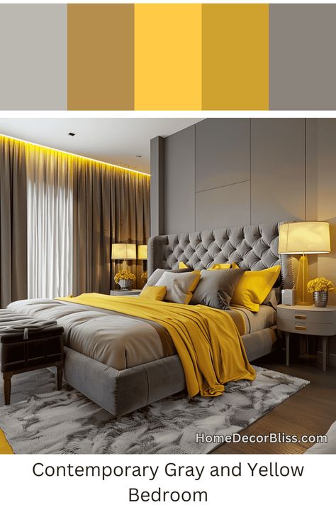 Contemporary Bedroom Design: Grey Tufted Headboard and Yellow Accents Yellow And Gray Bedroom Ideas, Grey Yellow Bedroom, Contemporary Bedroom Design Ideas, Ochre Bedroom, Grey And Yellow Bedroom, Yellow And Grey Bedroom, Grey Tufted Headboard, Mustard Bedroom, Yellow Gray Bedroom