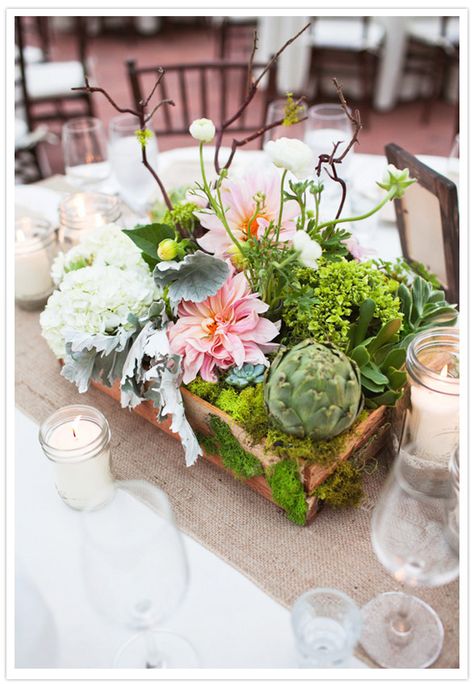 White hydrangea, mini green hydrangea, dinner plate dahlias, white ranunculus, artichokes, dusty miller, maiden hair fern, green hypericum, succulents potted, succulents, moss and Manzanita branches. Now that's a centerpiece! Fun Floral Arrangements, Dahlia Centerpiece, Protea Wedding, Cottage Wedding, Secret Garden Wedding, Garden Wedding Inspiration, Party Deco, Succulent Wedding, Deco Floral