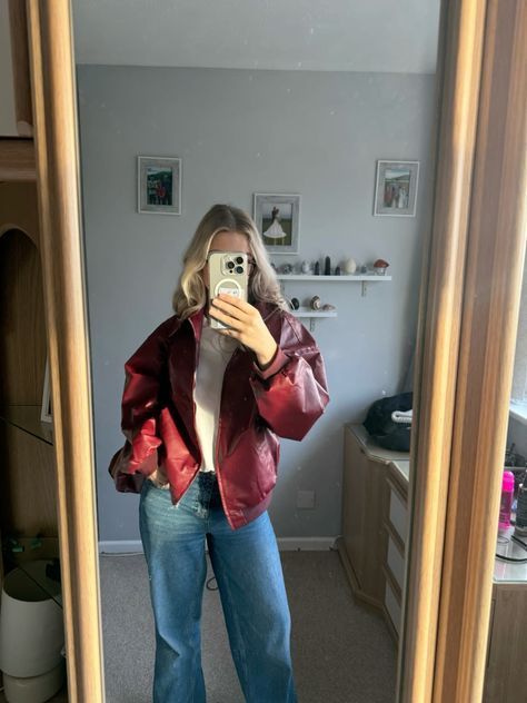 Outfit Ideas With Red Jacket, Cherry Fall Outfit, Red Dress Outfit With Jacket, Outfits With Red Jacket Winter, Faux Leather Jacket Outfit Winter, Cherry Red Autumn Outfits, Red Jacket Fall Outfit, Outfit Ideas Red Jacket, Red Leather Jacket Outfit Casual