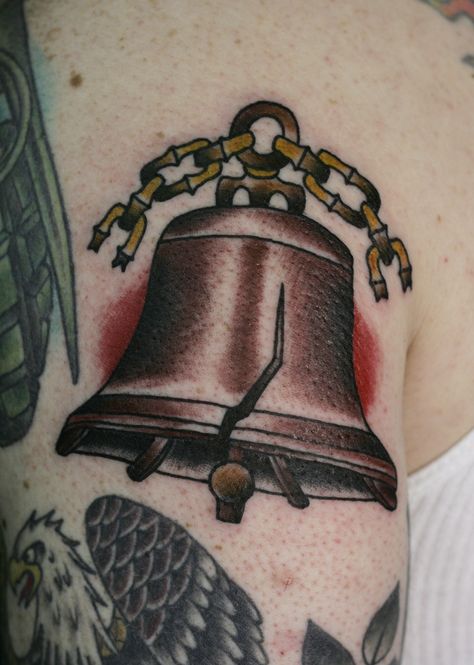 Liberty Bell Tattoo Bell Tattoo Traditional, Liberty Bell Tattoo, Bell Tattoo Ideas, Bell Tattoo, Belle Tattoo, Liberty Bell, Vintage Bell, Vintage Tattoo, American Traditional