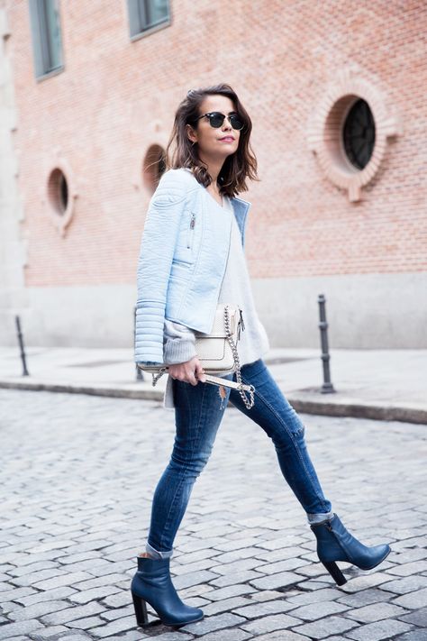 Pastel_Biker_Jacket-Ripped_Jeans-Collagebintage-Outfit-19 Faux Leather Jacket Outfit, Moto Jacket Outfit, Blue Suede Boots, Leather Jacket Outfit, Light Blue Jacket, Street Style Fall Winter, Jeans Heels, Looks Jeans, Heels Casual