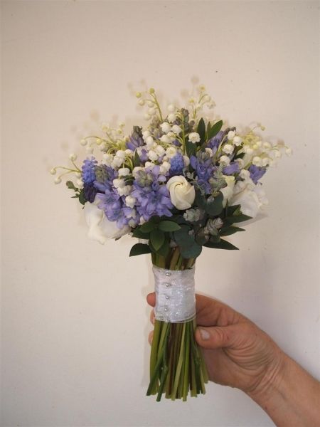 Lily of the Valley and Blue Bell Bouquet Lily Of The Valley Wedding Dress, Prom Bouquet Blue, Forget Me Not And Lily Of The Valley Bouquet, Bluebell Bouquet, Bell Flowers Bouquet, Bell Flower Bouquet, Bluebells Bouquet, Blue Bell Bouquet, Periwinkle Prom Bouquet