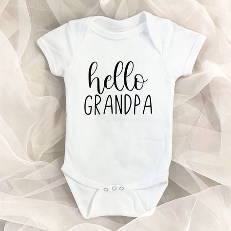 Hello Grandpa Pregnancy Announcement Grandfather Baby Bodysuit Daddy Pregnancy Announcement, Grandpa Pregnancy Announcement, Grandma Pregnancy Announcement, Boy Onesies, Baby Boy Onesies, Reference Poses, Baby One Piece, Suit Accessories, Clothing Labels