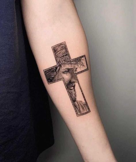 Jesus Forearm Tattoo, Jesus On Cross Tattoo, Biblical Tattoos, Cool Wrist Tattoos, Cross Tattoo For Men, Cross Tattoo Designs, Jesus Tattoo, Upper Arm Tattoos, Tasteful Tattoos