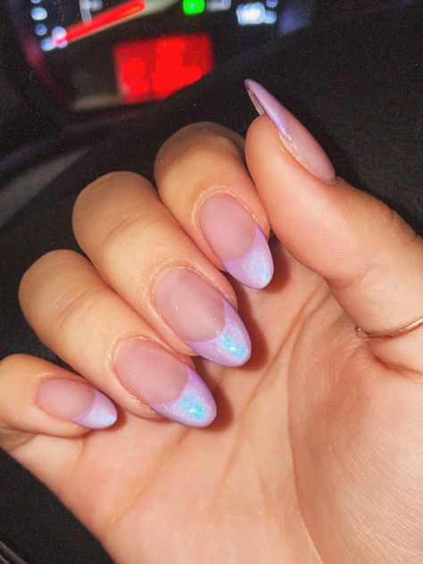 Light Purple Chrome, French Almond, Chrome French, Purple Chrome, Hoco Nails, Purple French, White French Tip, Almond Shape Nails, French Acrylic Nails