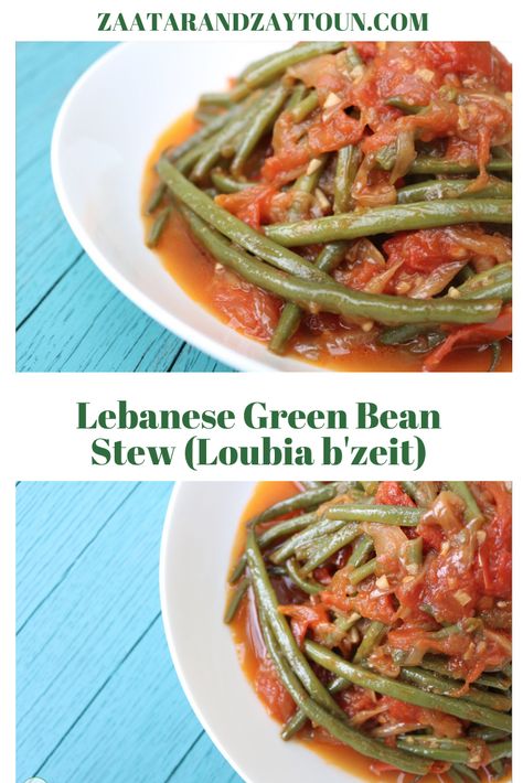 Lebanese Green Bean Stew (Loubia b'zeit) by Zaatar and Zaytoun #lebanesefood #lebabesecuisine #vegan #easy #healthy #greenbeans #vegetarian #weeknightdinner #lebaneserecipe Middle Eastern Green Beans, Lebanese Recipes Authentic, Green Bean Stew, Kosher Rules, East Recipes, Learning To Cook, Middle East Recipes, Pitta Bread, Lebanese Food