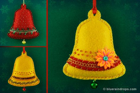 Felt bells to decorate the Christmas tree. There are more ornaments in the same tutorial as well as a free template. Christmas Felt Ornaments, Christmas Bell Ornaments, Xmas Market, Beautiful Christmas Ornaments, Diy Felt Christmas Ornaments, Crochet Snowflake, Bell Decorations, Christmas Felt, Felt Christmas Decorations