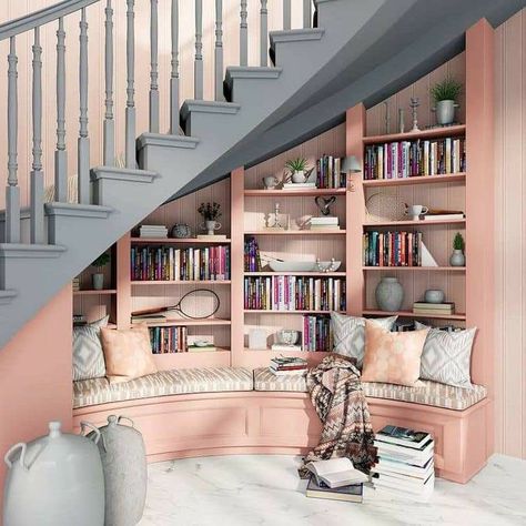 Under Spiral Staircase Ideas, Under Stair Cubby Ideas, Under Spiral Stairs Ideas, Under Curved Stairs Storage Ideas, Under Curved Stairs Ideas, Under Stairs Bookcase, Under Open Stairs Ideas, Nook Under Stairs Ideas, Design Under Stairs Ideas