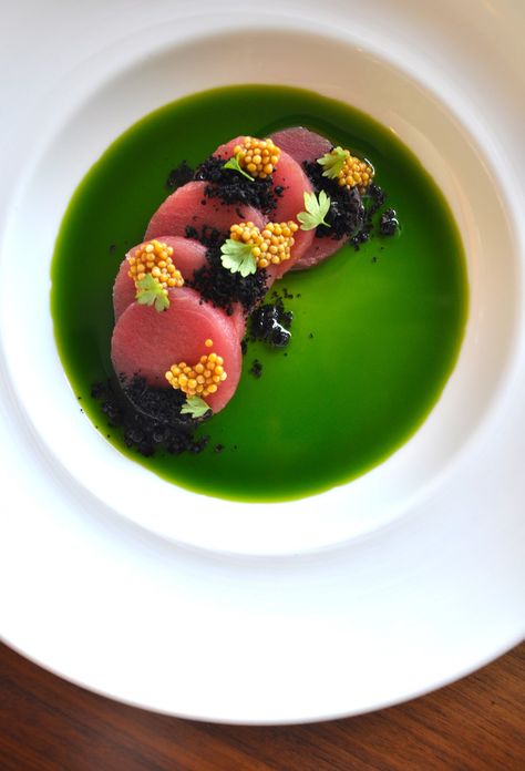 Tuna and Basil Oil OnFood&Feasting: on freezing tuna.... Basil Oil, Ahi Tuna, Mustard Seeds, Molecular Gastronomy, Fine Food, Culinary Arts, Food Presentation, Food Plating, Beautiful Food