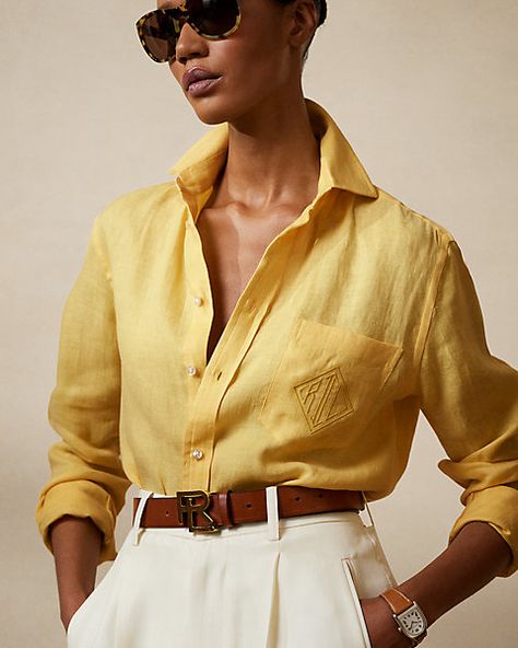 Adrien Linen Shirt for Women | Ralph Lauren® UK Yellow Linen Shirt Outfit, Yellow Linen Shirt, Linen Shirt Outfit, Shirt Drawing, Classic Menswear, Women Ralph Lauren, Ralph Lauren Collection, Women Outfits, Work Clothes