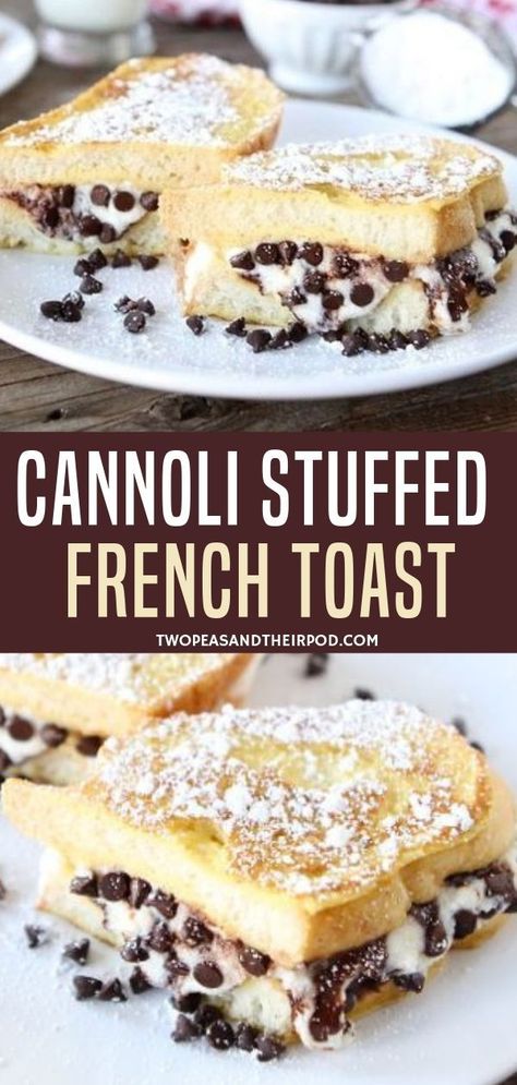 This Cannoli-Stuffed French Toast is definitely indulgent and perfect for an Easter breakfast. There's creamy ricotta filling sandwiched between slices of French bread. Plus, there are chocolate chips on the recipe! You won't regret saving this pin! Recipes Potluck, French Toast Stuffed, Ricotta Filling, Stuffed French Toast, Easter Breakfast, French Toast Breakfast, French Toast Easy, French Toast Bake, French Toast Recipe