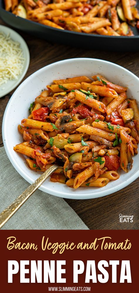 Low Fat Pasta Recipes, Bacon Tomato Pasta, Pasta With Zucchini And Tomatoes, Bacon Mushroom Pasta, Bacon Pasta Recipes, Bacon Zucchini, Zucchini Pasta Recipes, Mushroom Bacon, Pasta Fagioli Recipe