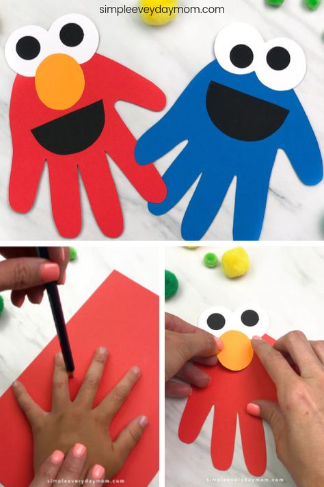 This handprint Sesame Street character craft is a fun and simple activity for toddlers who love Elmo and Cookie Monster. It’s an easy paper craft that’s screen free!   #simpleeverydaymom #kidsactivities #kidscrafts #craftsforkids #sesamestreet #handprintcrafts #toddlers #toddlercrafts #toddlerideas #ideasforkids #kidsactivities #screenfreeactivities #kidsactivity Elmo Craft, Sesame Street Crafts, Elmo And Cookie Monster, Activity For Toddlers, Construction Paper Crafts, Toddler Art Projects, Fun Activities For Toddlers, Toddler Arts And Crafts, Handprint Crafts