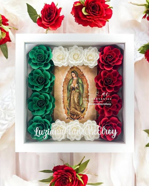 🌹✨ Celebrate Our Lady of Guadalupe this December 12th with a special touch! ✨🌹 I’m excited to introduce my custom Virgencita de Guadalupe shadowbox, perfect for honoring her on her feast day. This beautiful piece features delicate paper roses and a beautiful lithograph image of our beloved Virgencita, capturing her grace and serenity in every detail. Whether for your home, a gift, or an altar, this shadowbox serves as a heartfelt tribute to her. Orders are open now—be sure to place yours in... Red Paper Flowers, Communion Centerpieces, Ribbon Rose Bouquets, Flower Shadow, Green White Red, Forest Grove, Dyi Gifts, Custom Shadow Box, Flower Shadow Box