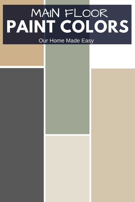 An easy way to create a whole house paint color scheme! Behr Whole House Color Palette Farmhouse, 3 Color Paint Scheme Interior, Wall Color Schemes Whole House, Wall Paint Shades Color Palettes, Whole House Paint Palette 2023, Green Whole House Color Palette, Whole House Paint Scheme Farmhouse Country Style, Paint Pallets For Home Color Schemes Sherwin Williams, Feminine Whole House Paint Palette