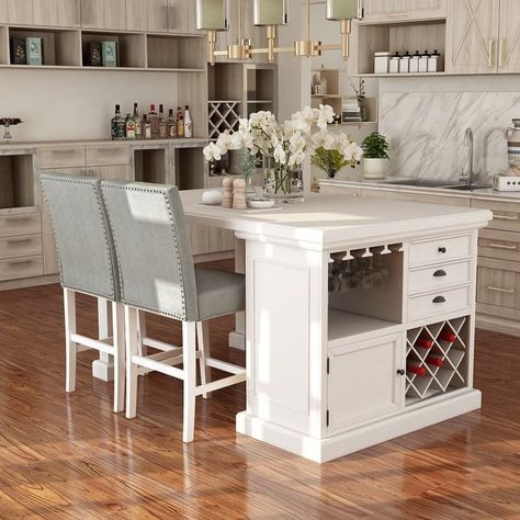 Tia Transitional Antique White Wood Multi-Storage 3-Piece Kitchen Island Set by Furniture of America - On Sale - Bed Bath & Beyond - 31454253 Stylish Kitchen Island, Kitchen Island Table, White Kitchen Island, Kitchen Island With Seating, Top Kitchen, Island With Seating, Counter Height Dining Sets, Island Ideas, Kitchen Islands